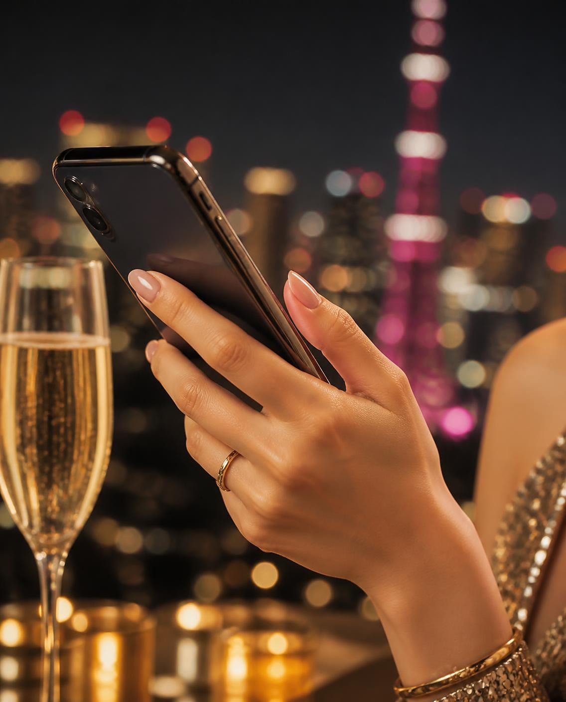 夜景のパーティーでスマートフォンを手にする様子